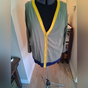 Talbots Olive Cardigan with Yellow And Navy Trim